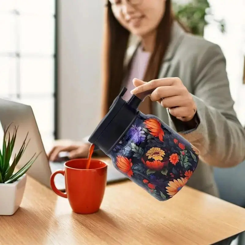 Floral Stainless Steel Teapot with Strainer - 1000ml Vintage Elegance