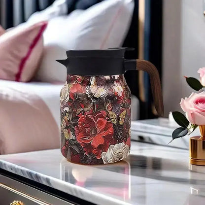 Floral Stainless Steel Teapot with Strainer - 1000ml Vintage Elegance