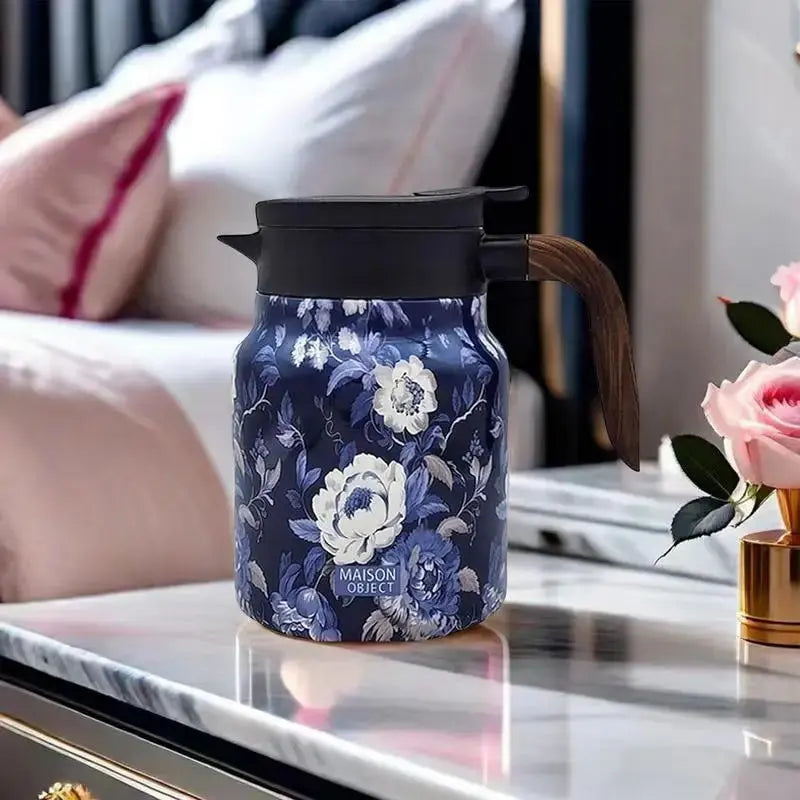 Floral Stainless Steel Teapot with Strainer - 1000ml Vintage Elegance