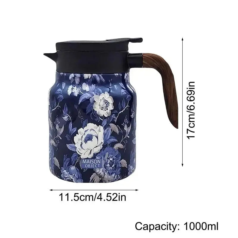 Floral Stainless Steel Teapot with Strainer - 1000ml Vintage Elegance