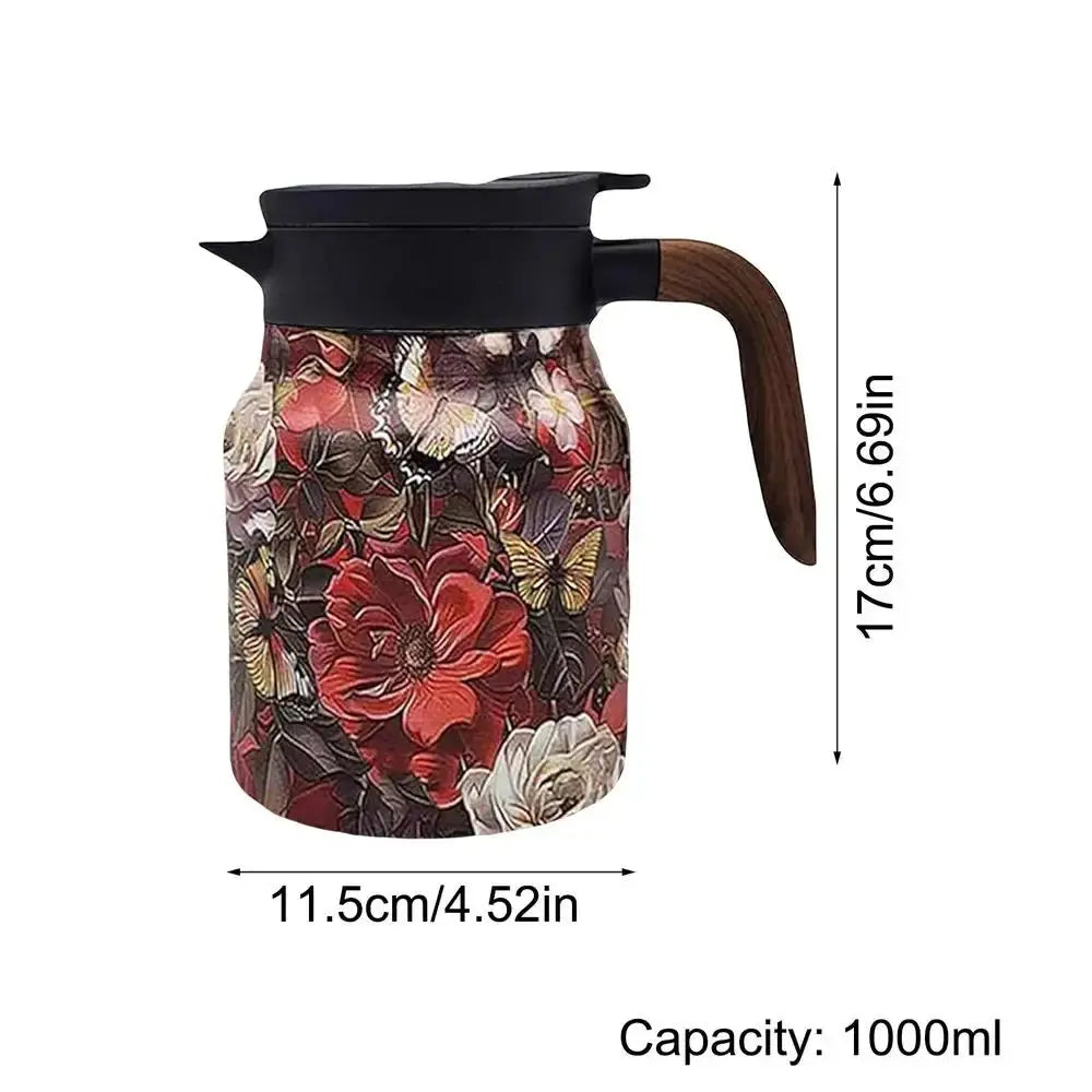 Floral Stainless Steel Teapot with Strainer - 1000ml Vintage Elegance