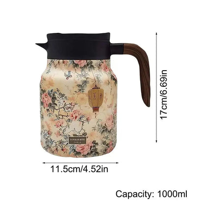 Floral Stainless Steel Teapot with Strainer - 1000ml Vintage Elegance