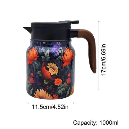 Floral Stainless Steel Teapot with Strainer - 1000ml Vintage Elegance
