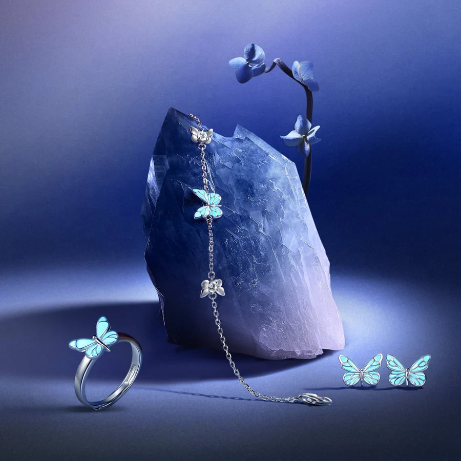 "Starlight Butterfly" Luminous Enamel Sterling Silver Bracelet