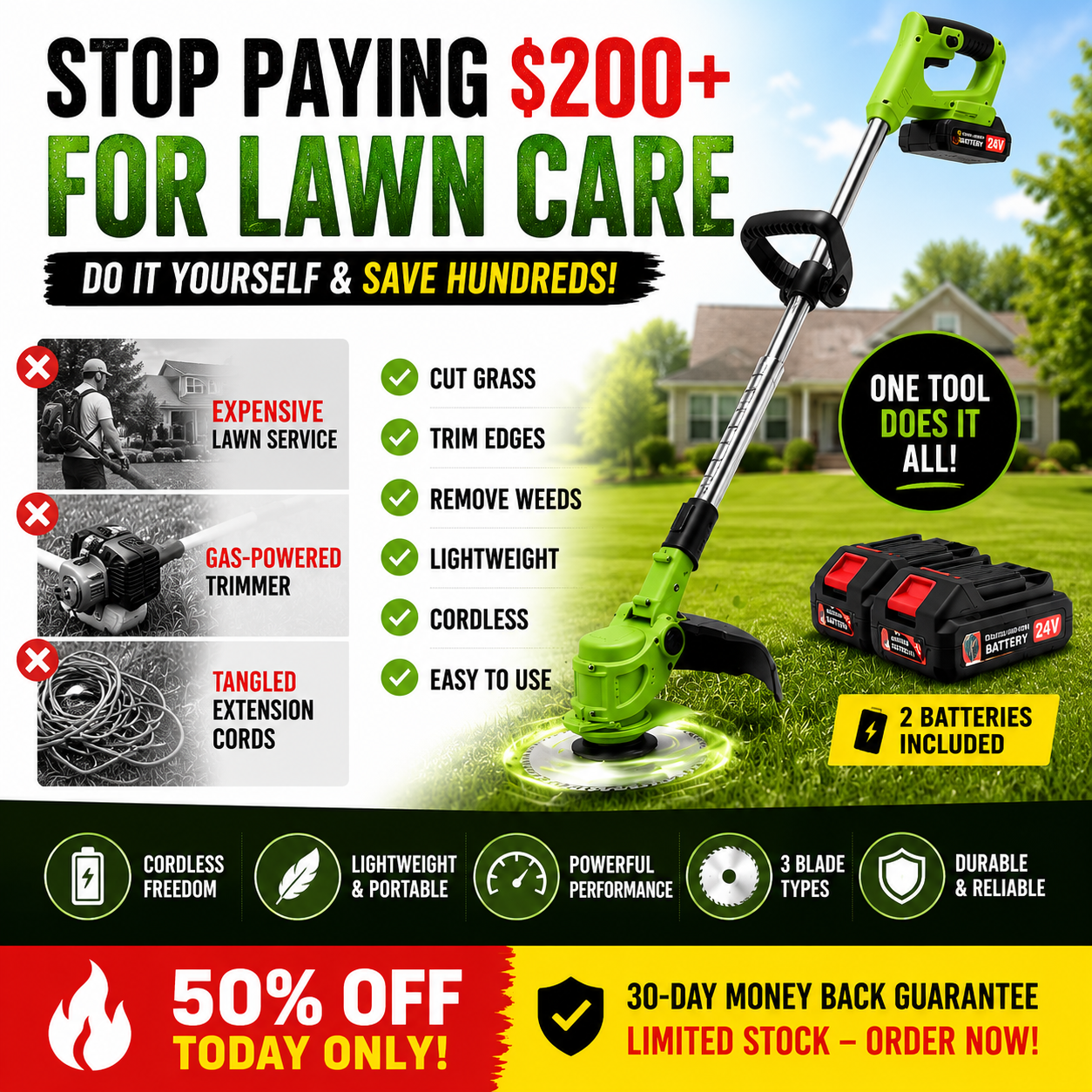 2-in-1 Cordless Electric Weed Trimmer & Lawn Edger — 650W Brushless, 24V Dual Battery