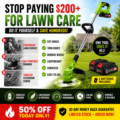 2-in-1 Cordless Electric Weed Trimmer & Lawn Edger — 650W Brushless, 24V Dual Battery