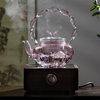 Floral Lid Design Tea Infuser Glass Teapot