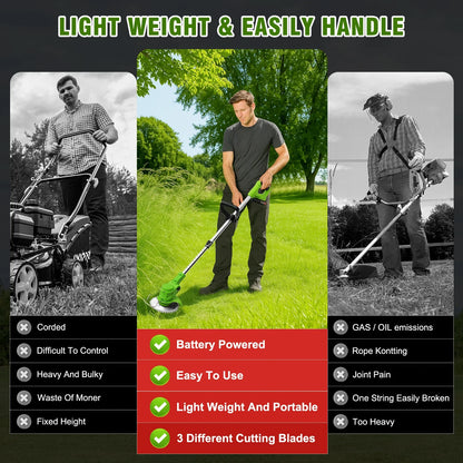 2-in-1 Cordless Electric Weed Trimmer & Lawn Edger — 650W Brushless, 24V Dual Battery