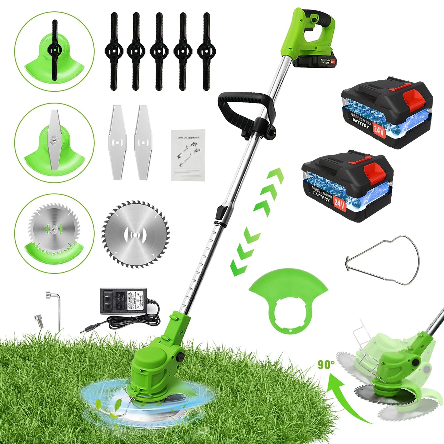 2-in-1 Cordless Electric Weed Trimmer & Lawn Edger — 650W Brushless, 24V Dual Battery