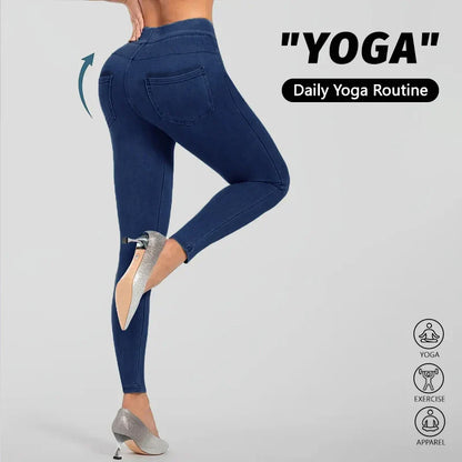 Zoraa™Women’s High Waisted Denim Yoga Leggings – Stretch Breathable Booty Lifting Workout Pants