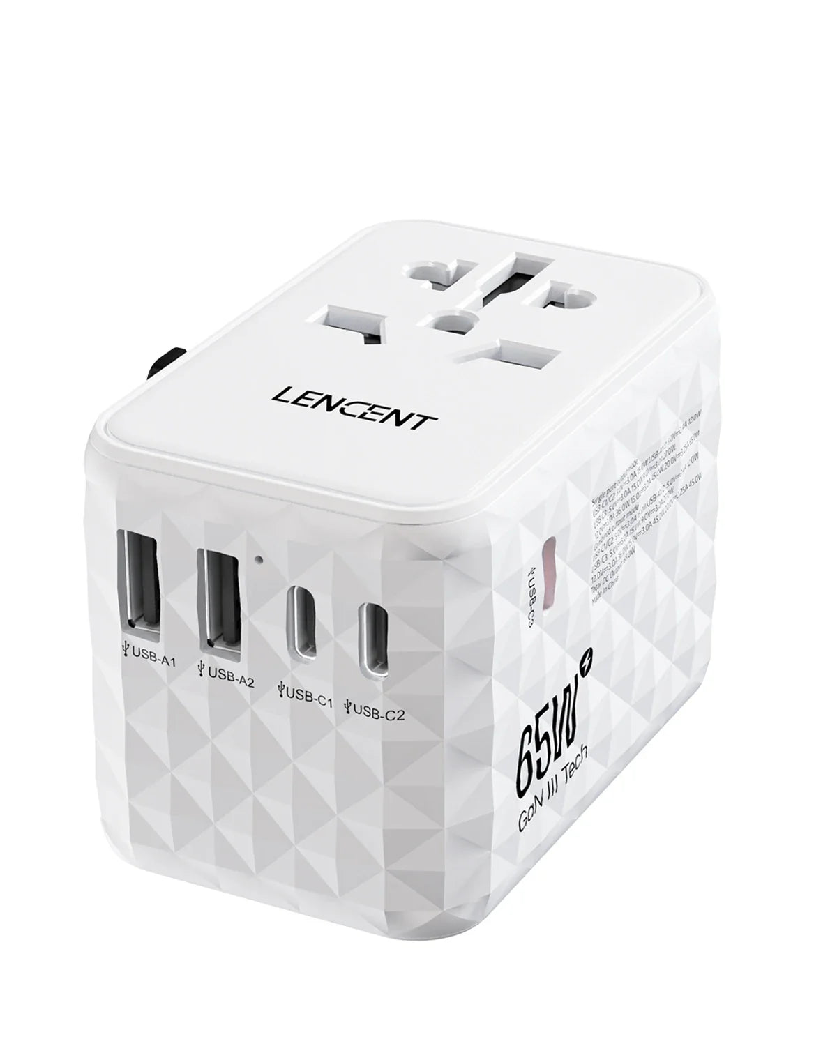 LENCENT 65W GaN Universal Travel Adapter with 2 USB  3 Type C Fast Charging All-in-one Travel Charger EU/UK/USA/AUS for Travel
