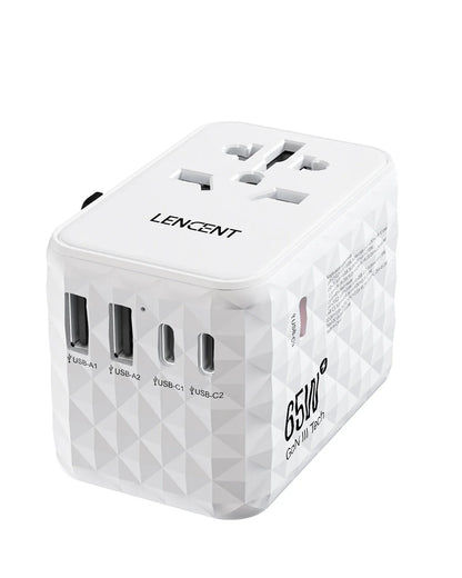 LENCENT 65W GaN Universal Travel Adapter with 2 USB  3 Type C Fast Charging All-in-one Travel Charger EU/UK/USA/AUS for Travel