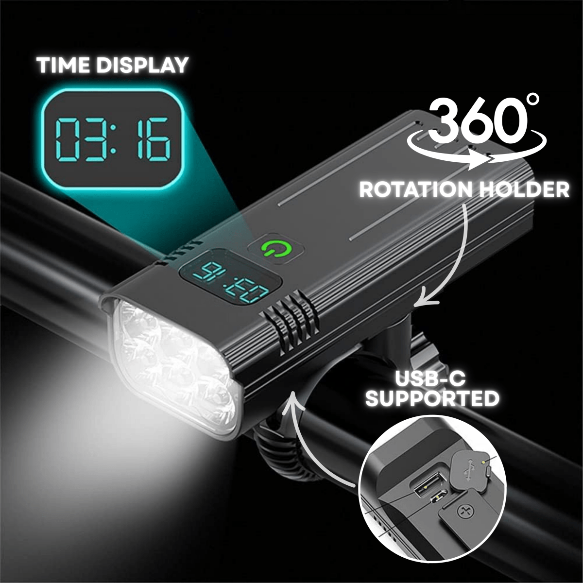 ROADGLOW X – 5000 Lumen Bike Light with 12 LEDs & USB-C Rechargeable Battery
